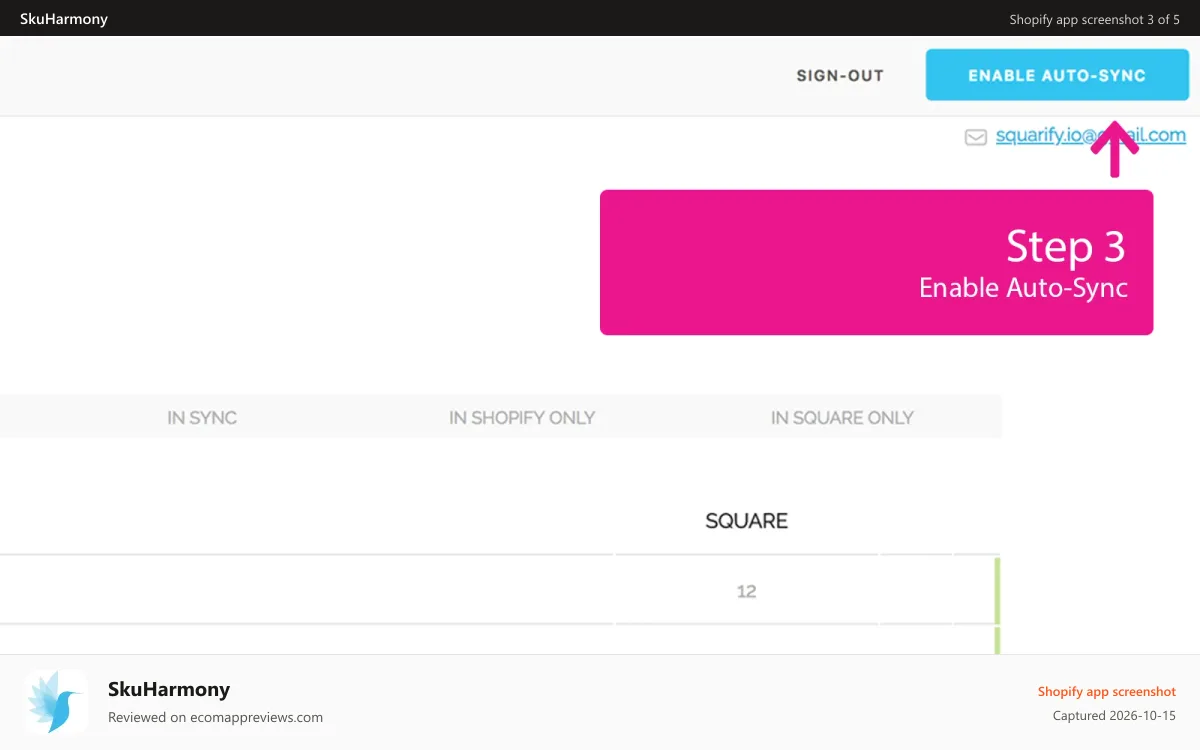 SkuHarmony Shopify app screenshot: Enable Auto Sync
