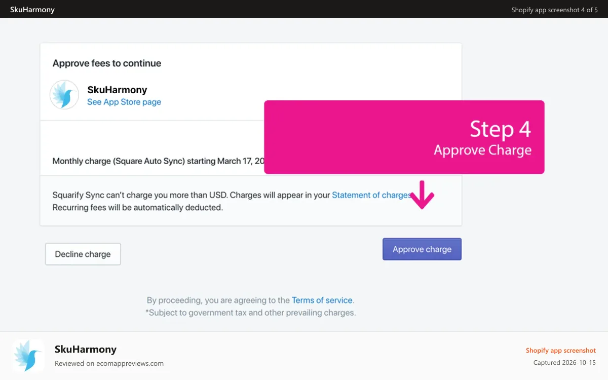 SkuHarmony Shopify app screenshot: Approve Charges