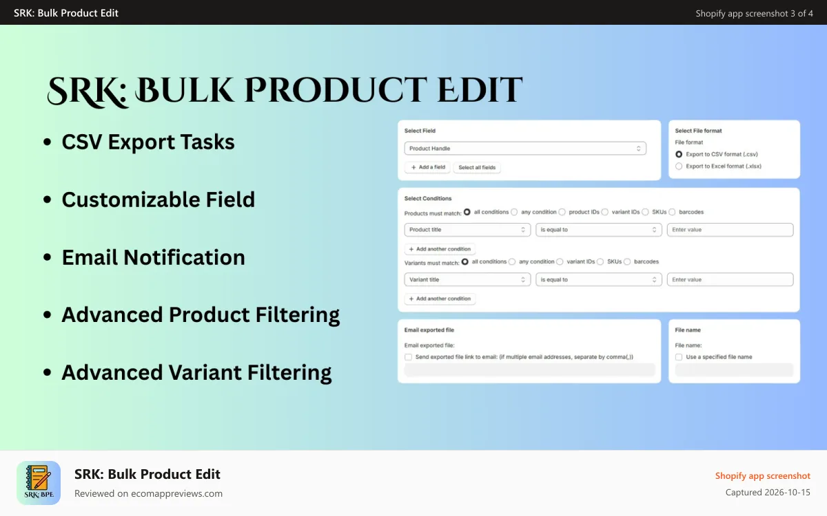 SRK: Bulk Product Edit Shopify app screenshot: Create CSV Export