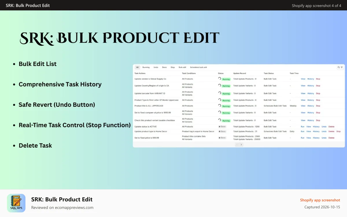 SRK: Bulk Product Edit Shopify app screenshot: Bulk Edit List