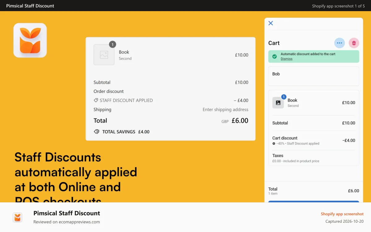 Pimsical Staff Discount Shopify app screenshot: Staff Discounts automatically applied at Online & POS Checkouts