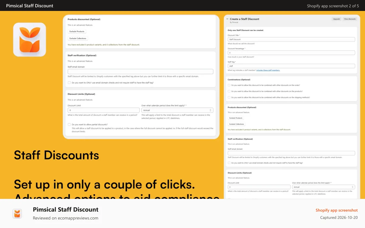 Pimsical Staff Discount Shopify app screenshot: Setup in a couple clicks or advanced tools to control discount