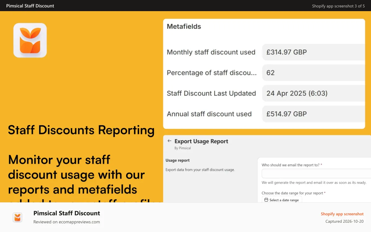 Pimsical Staff Discount Shopify app screenshot: Monitor usage with advanced reporting tools