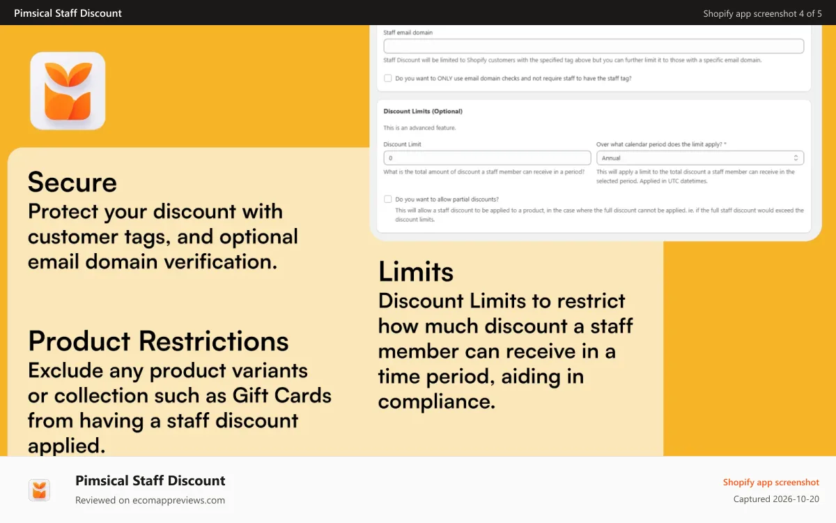 Pimsical Staff Discount Shopify app screenshot: Simple to setup, secure and omni channel staff discounts