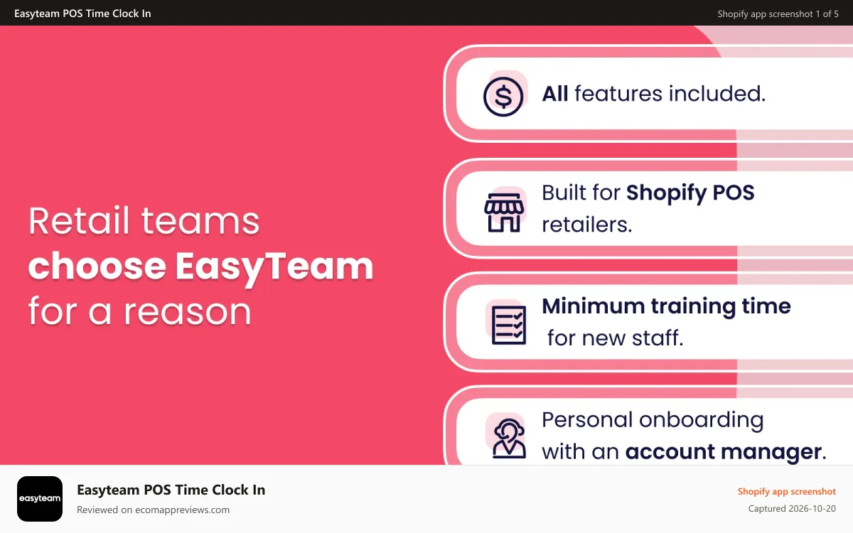 Easyteam POS Time Clock In Shopify app screenshot: shopify pos, pos, remote working, shopify staff management