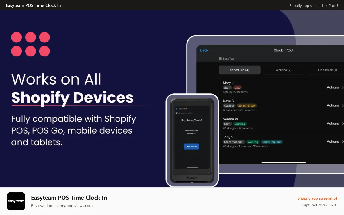 Easyteam POS Time Clock In Shopify app screenshot: shopify pos clock, time clock, shopify scheduling, shopify staff