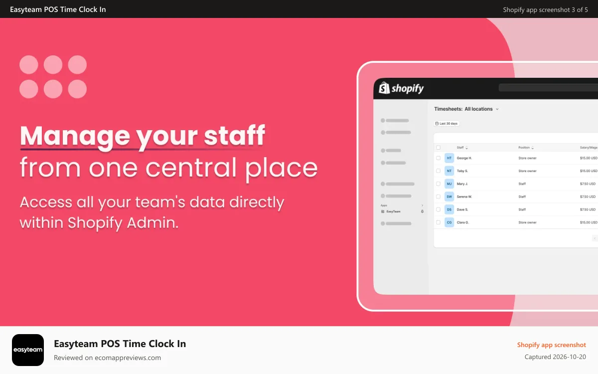 Easyteam POS Time Clock In Shopify app screenshot: shopify staff, shopify time tracking, shopify pos time clock