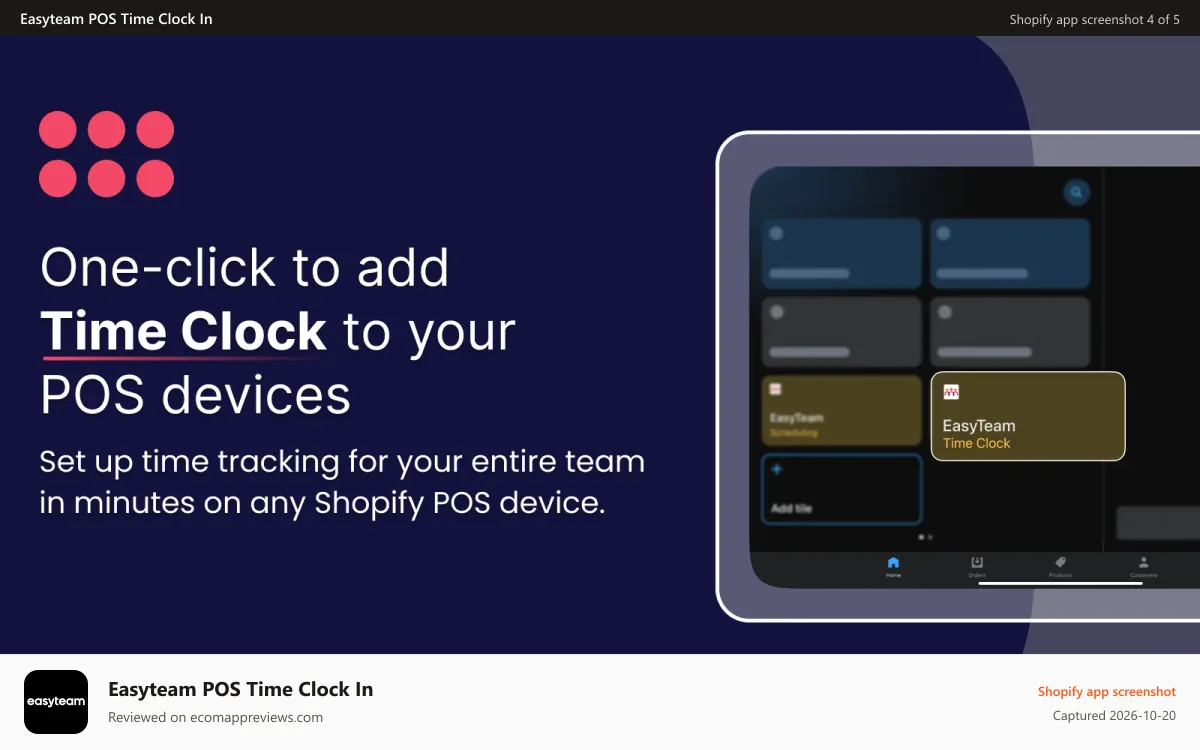Easyteam POS Time Clock In Shopify app screenshot: shopify pos time clock, staff time tracking, pos time clock
