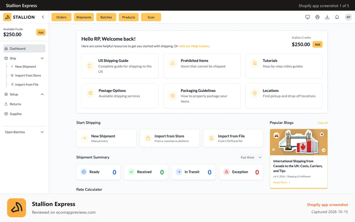 Stallion Express Shopify app screenshot: Dashboard