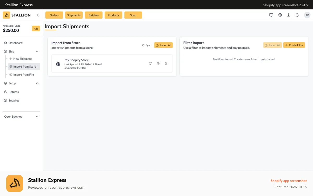 Stallion Express Shopify app screenshot: Import orders