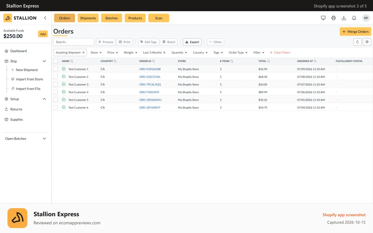Stallion Express Shopify app screenshot: Orders