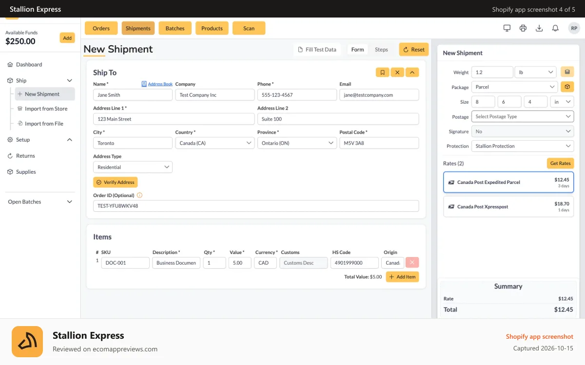 Stallion Express Shopify app screenshot: Rate Shopping
