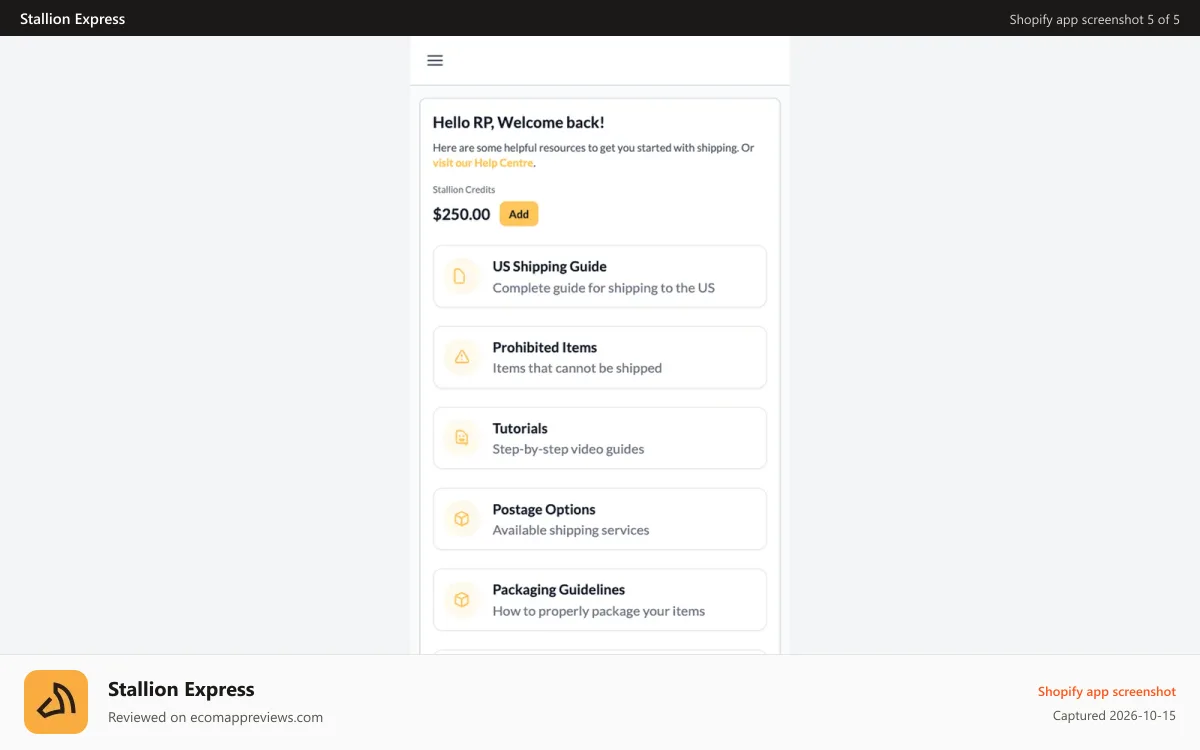 Stallion Express Shopify app screenshot: Dashboard