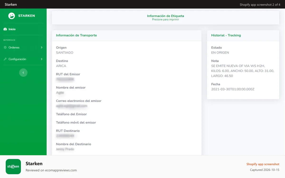 Starken Shopify app screenshot: Detalle de la orden de transporte y su estado