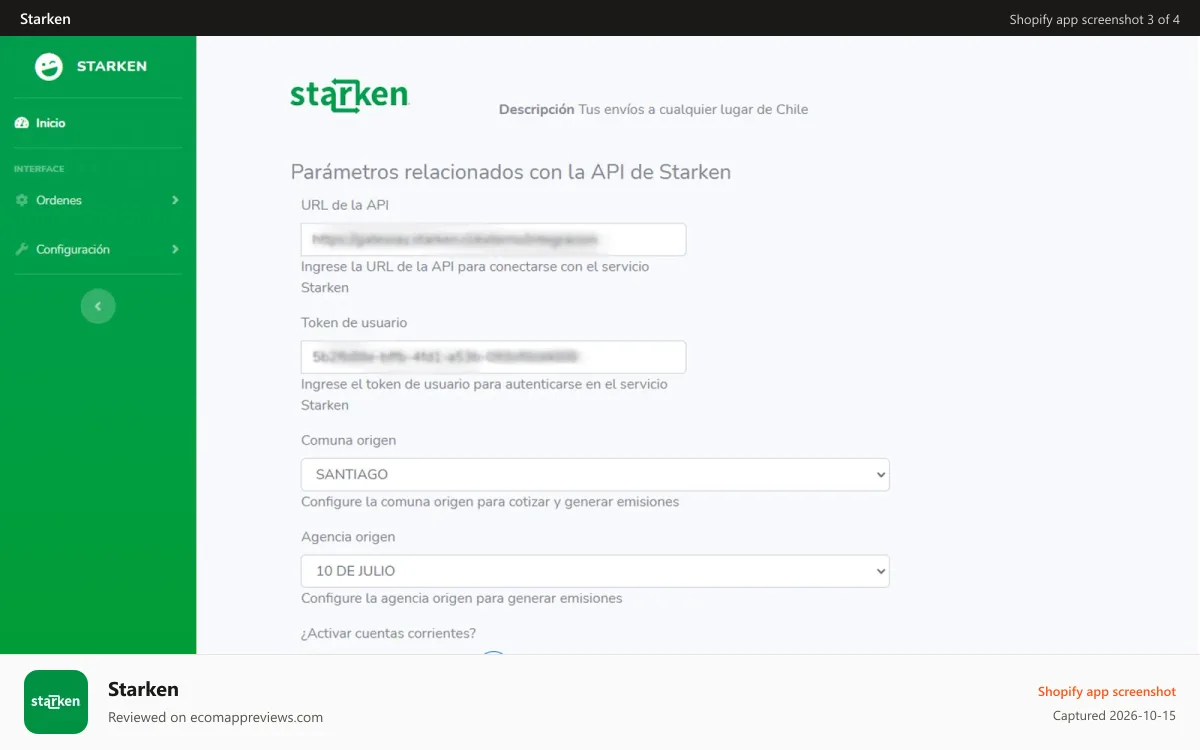 Starken Shopify app screenshot: Parámetros de configuración para operar con Starken