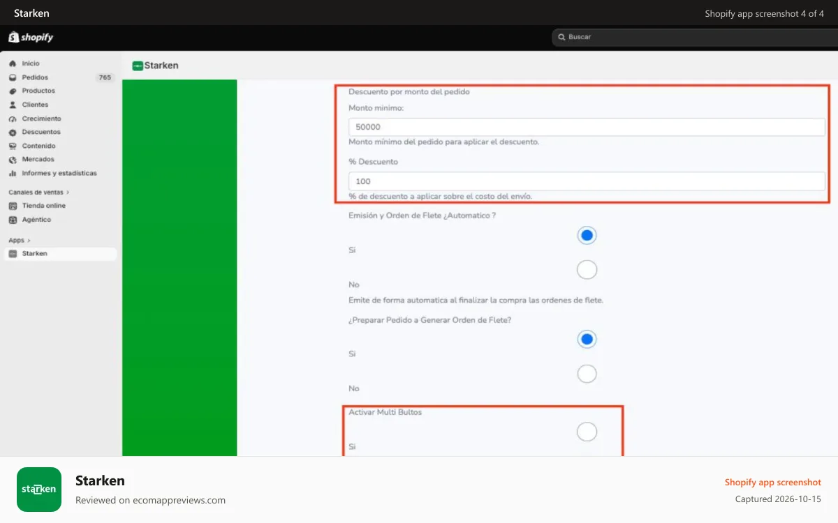 Starken Shopify app screenshot: Descuento por monto de pedidos y multibultos