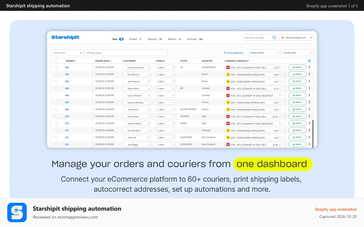Starshipit shipping automation Shopify app screenshot: Starshipit multi courier dashboard for fulfilling online orders