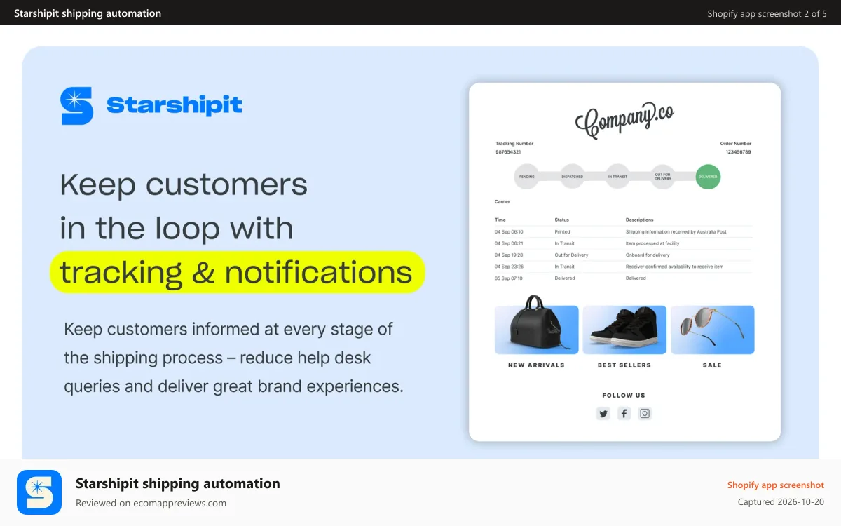 Starshipit shipping automation Shopify app screenshot: Keep customers in the loop with branded tracking