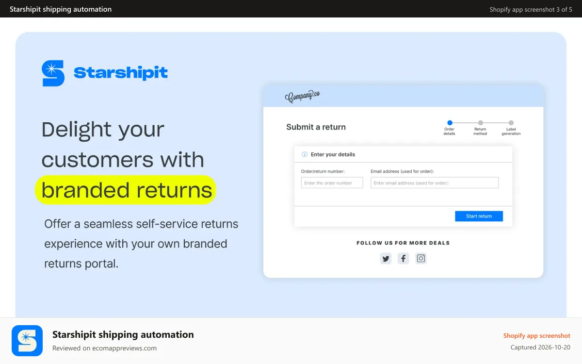 Starshipit shipping automation Shopify app screenshot: Self-service branded returns portal