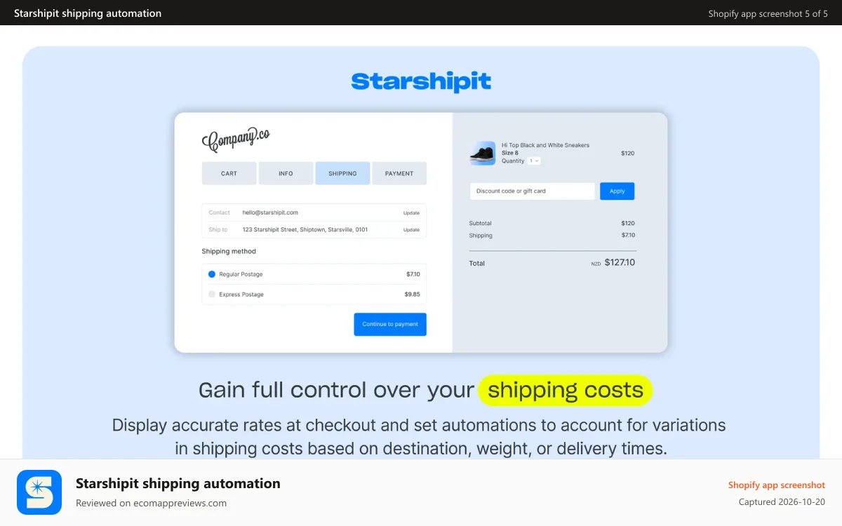 Starshipit shipping automation Shopify app screenshot: Checkout automations that increase conversions