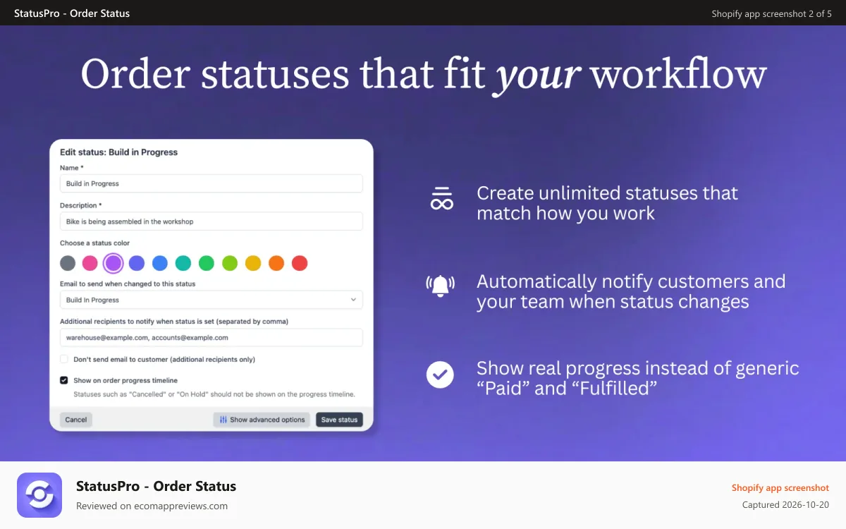StatusPro ‑ Order Status Shopify app screenshot: Unlimited statuses