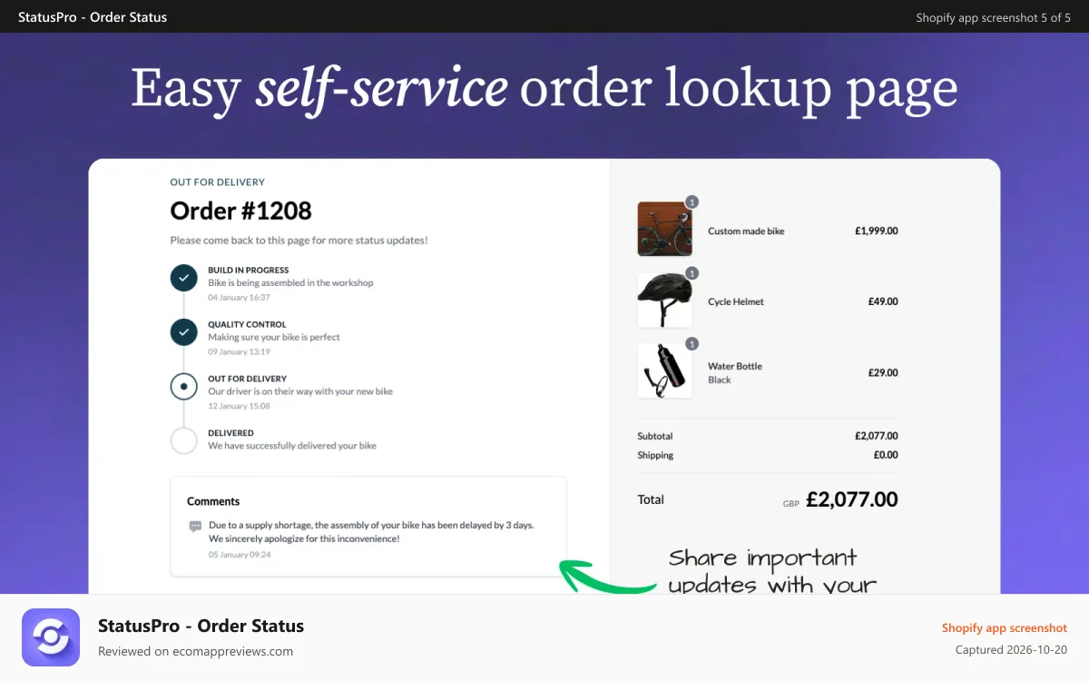 StatusPro ‑ Order Status Shopify app screenshot: Order lookup page