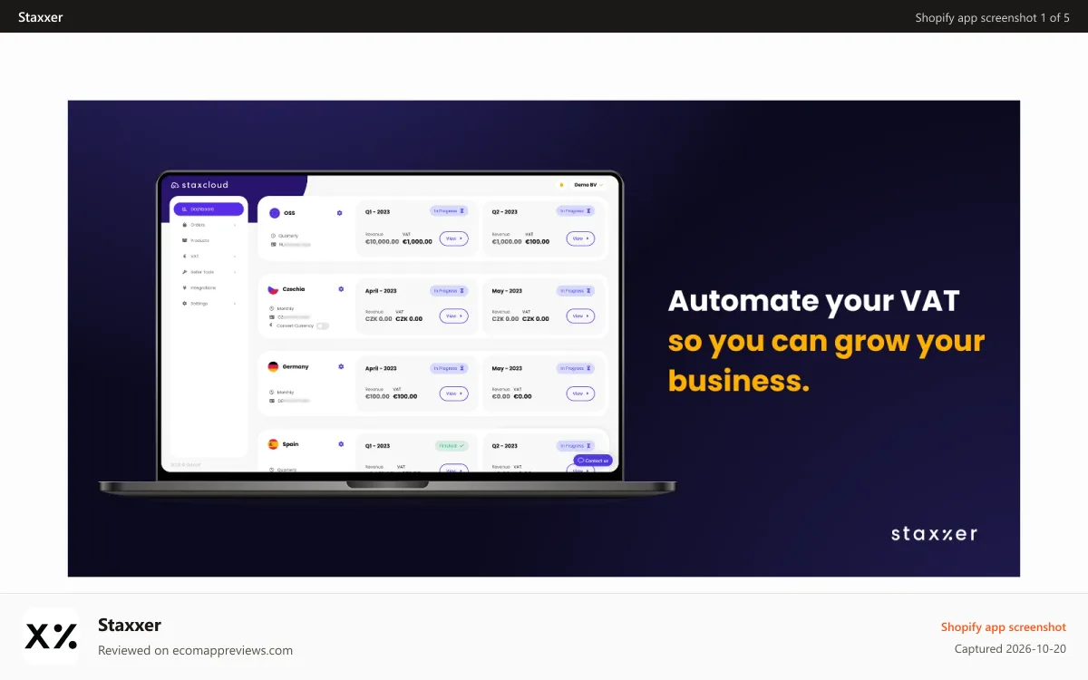 Staxxer Shopify app screenshot: Automate your VAT & EPR so you can grow your business.