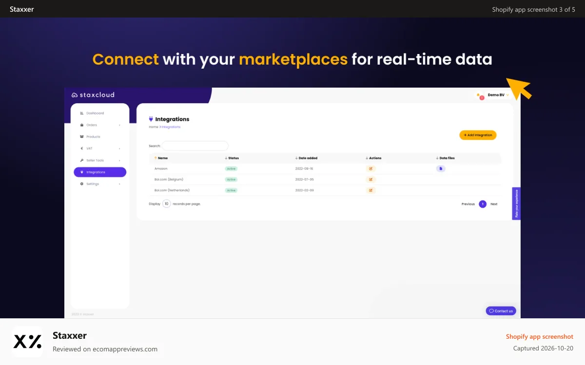 Staxxer Shopify app screenshot: Connect with your marketplaces for real-time data