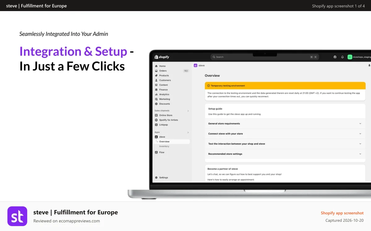 steve | Fulfillment for Europe Shopify app screenshot: Integration & Setup