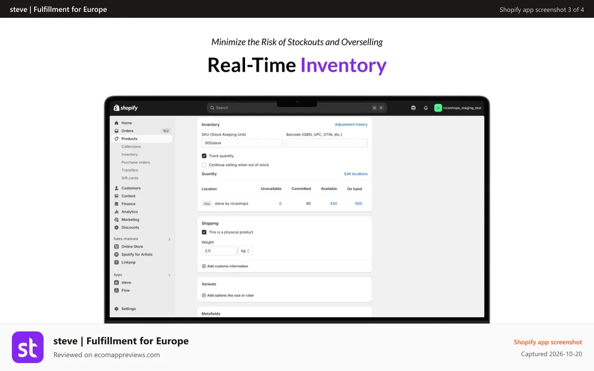 steve | Fulfillment for Europe Shopify app screenshot: Real-Time Inventory
