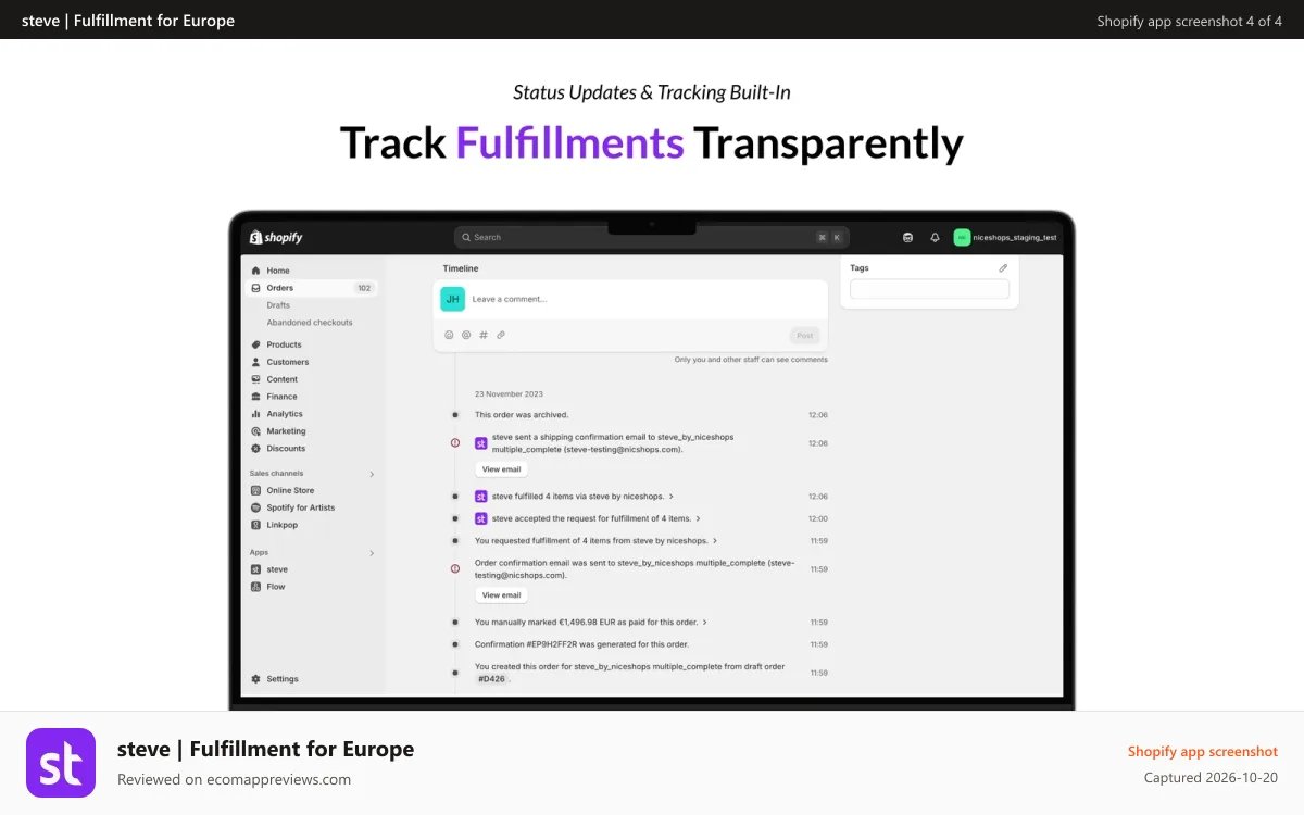 steve | Fulfillment for Europe Shopify app screenshot: Track Fulfillments Transparently