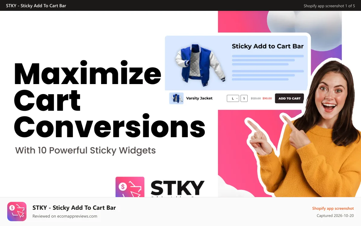 STKY ‑ Sticky Add To Cart Bar Shopify app screenshot: Maximize Cart Conversions With 6 Powerful Sticky Widgets