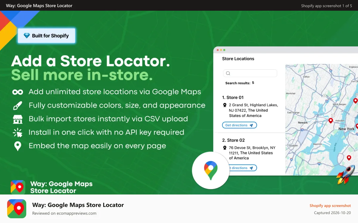Way: Google Maps Store Locator Shopify app screenshot: The store locator / dealership locator appears in the store