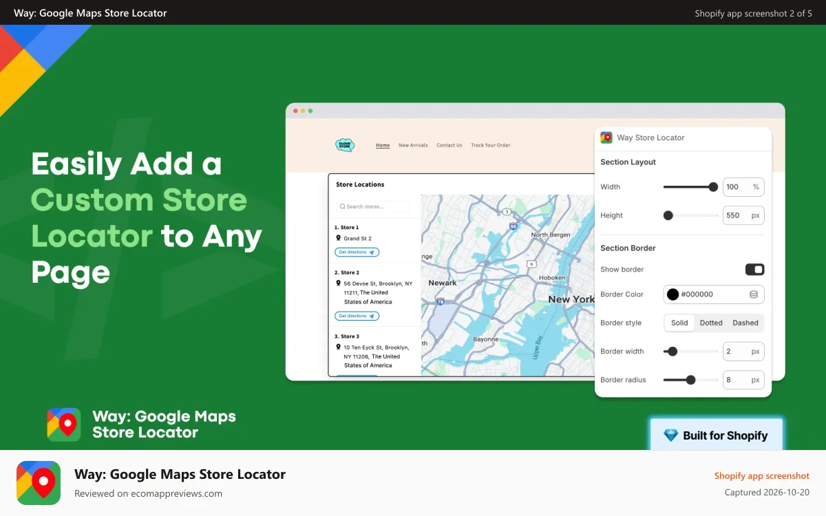 Way: Google Maps Store Locator Shopify app screenshot: The app in action: add store locator app block to any page