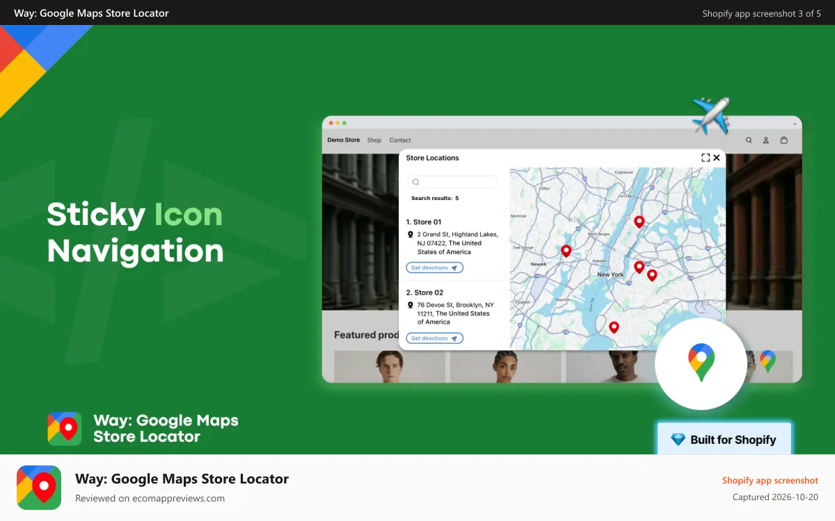 Way: Google Maps Store Locator Shopify app screenshot: The app in action: Sticky footer in the bottom of the store