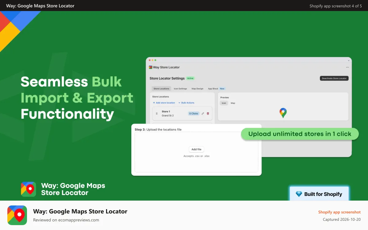 Way: Google Maps Store Locator Shopify app screenshot: The app in action: Bulk import & export functionality