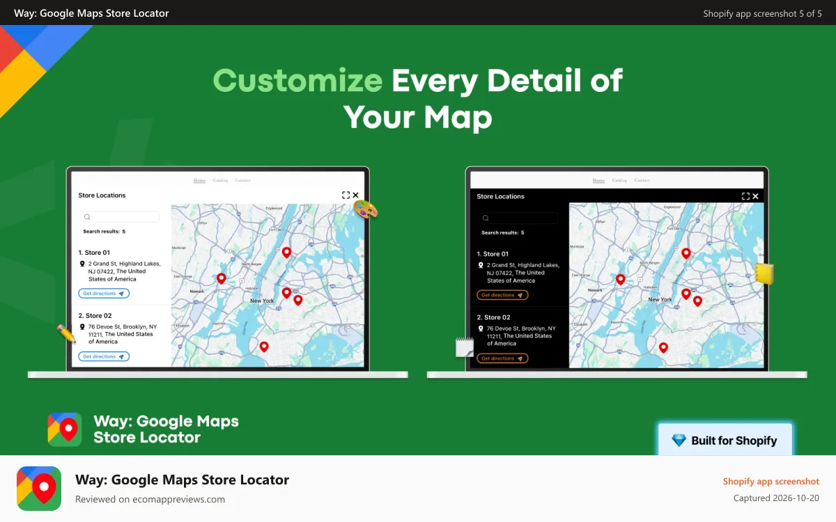 Way: Google Maps Store Locator Shopify app screenshot: The app in action: Customize every detail of your map
