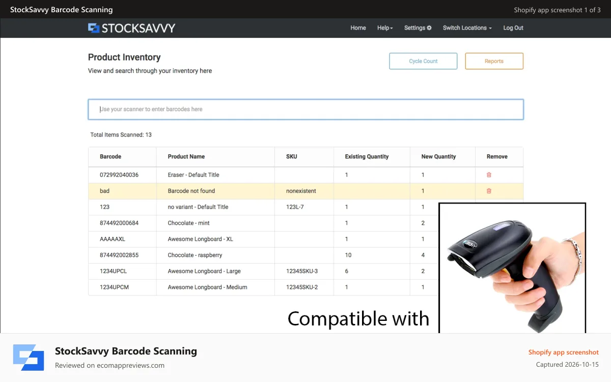 StockSavvy Barcode Scanning Shopify app screenshot: Compatible with all scanners