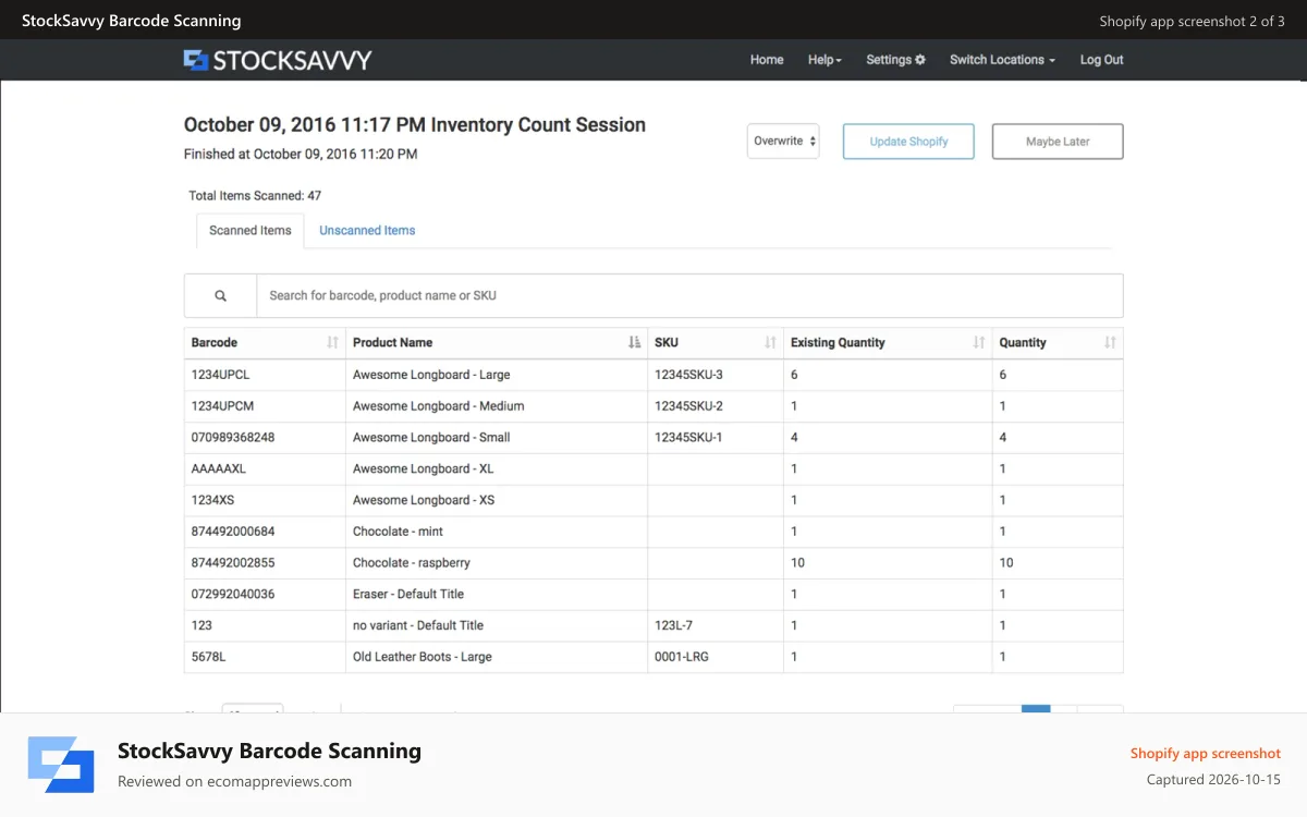 StockSavvy Barcode Scanning Shopify app screenshot: Scan and update all at once