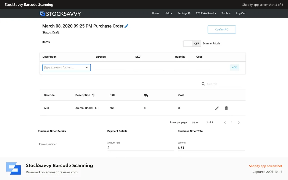 StockSavvy Barcode Scanning Shopify app screenshot: Purchase orders and verification