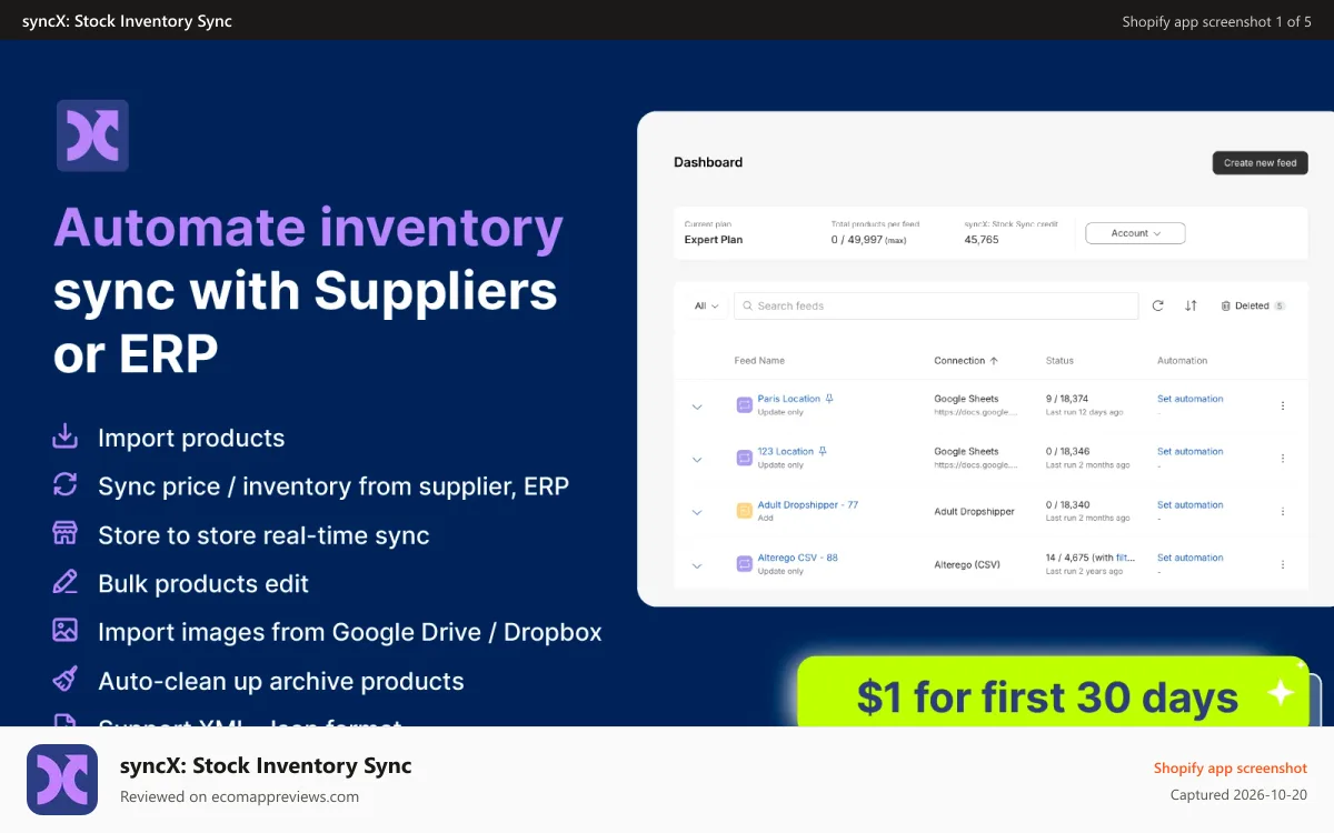 syncX: Stock Inventory Sync Shopify app screenshot: Automate inventory & stock sync from any supplier feed format.