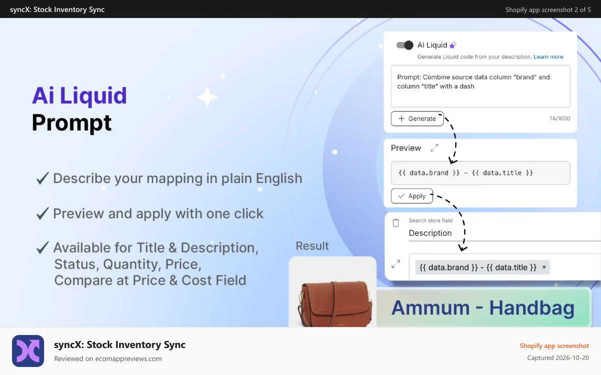 syncX: Stock Inventory Sync Shopify app screenshot: Generate Liquid code with AI using plain English