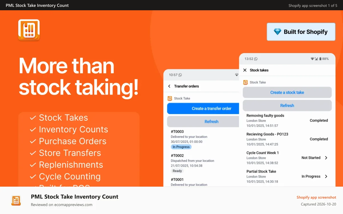 PML Stock Take Inventory Count Shopify app screenshot: More than stock takes, inventory counts, transfers & POs