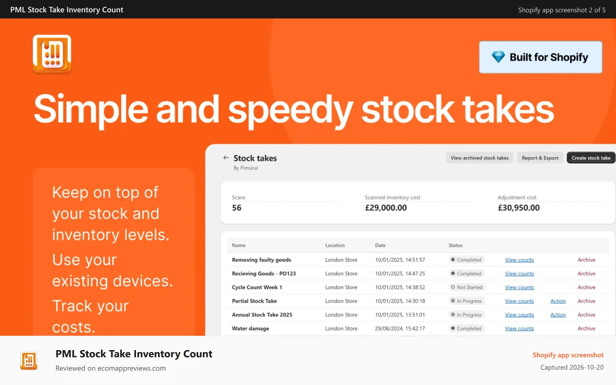 PML Stock Take Inventory Count Shopify app screenshot: Keep on top of your stock and inventory levels