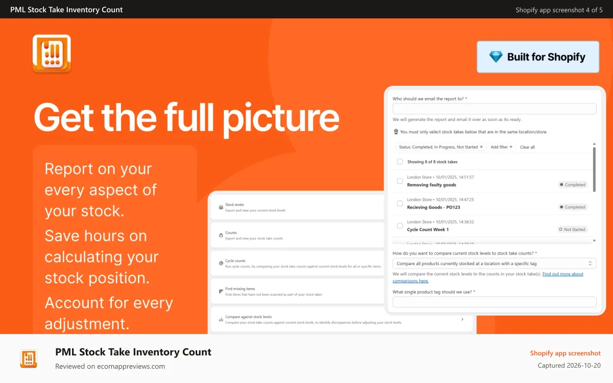 PML Stock Take Inventory Count Shopify app screenshot: Get the full picture of your stock takes with exports & reports