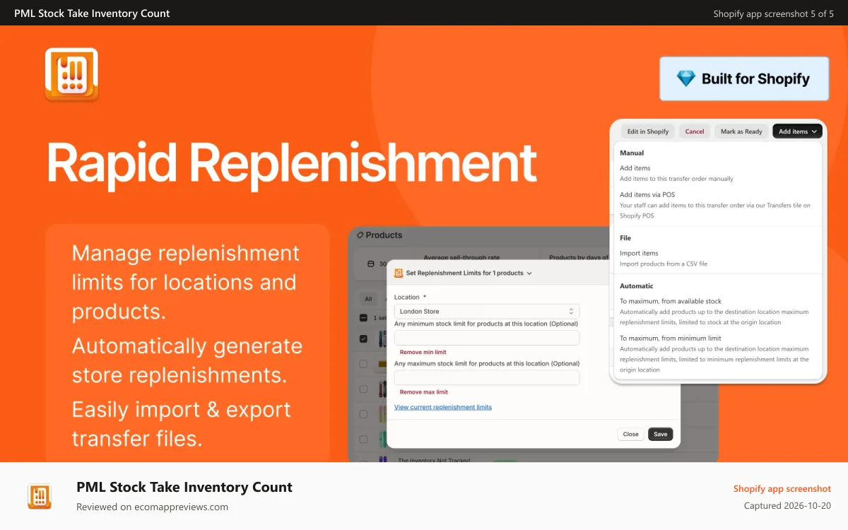 PML Stock Take Inventory Count Shopify app screenshot: Automate replenishment with limits and transfers