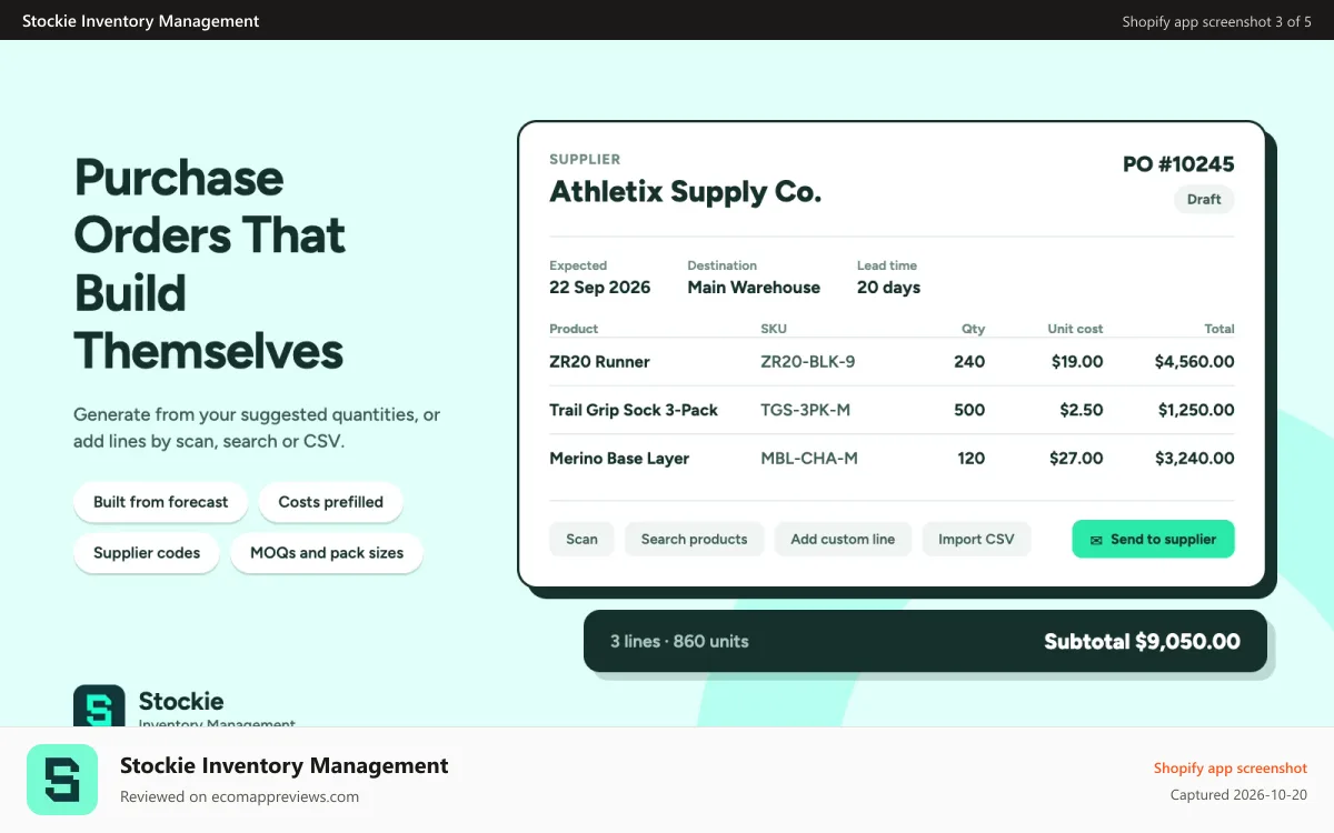 Stockie Inventory Management Shopify app screenshot: Purchase orders that build themselves