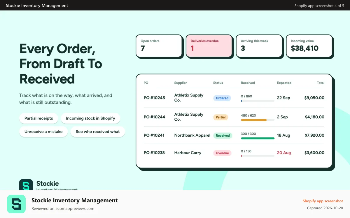 Stockie Inventory Management Shopify app screenshot: Every order, from draft to received