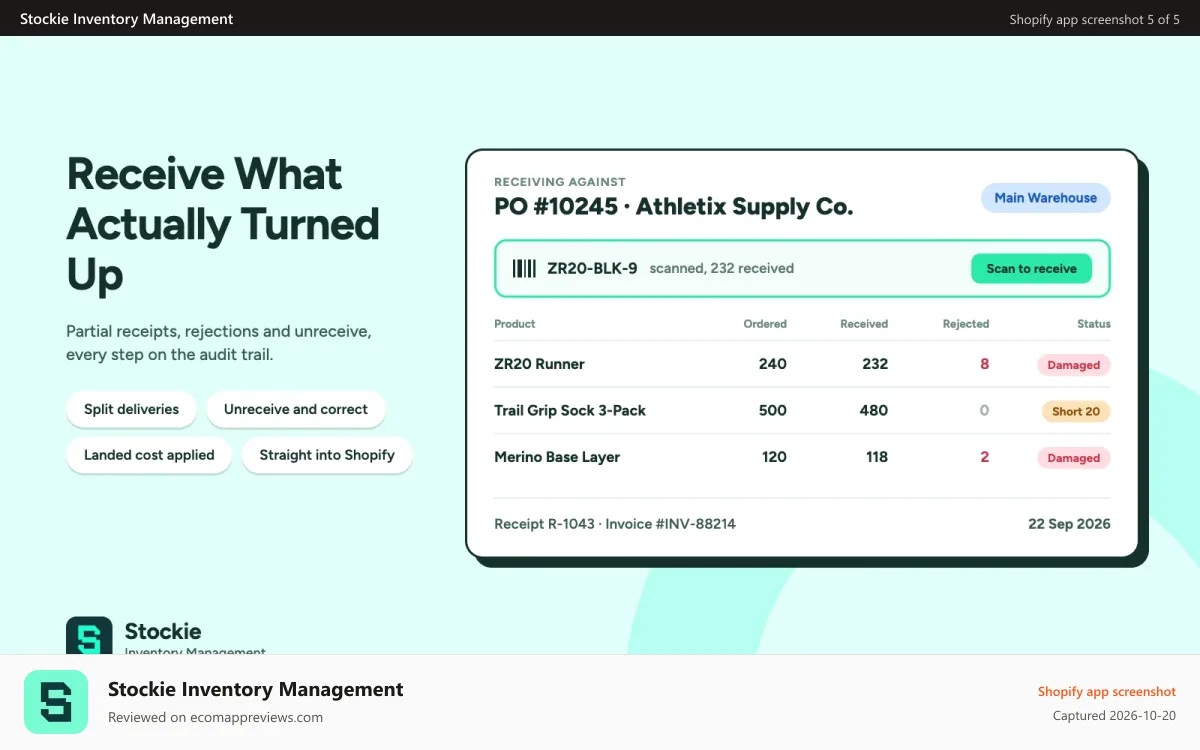 Stockie Inventory Management Shopify app screenshot: Receive what actually turned up