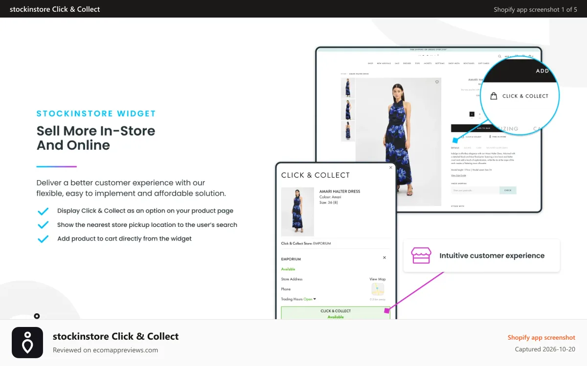 stockinstore Click & Collect Shopify app screenshot: stockinstore Click and Collect show options on PDP and checkout